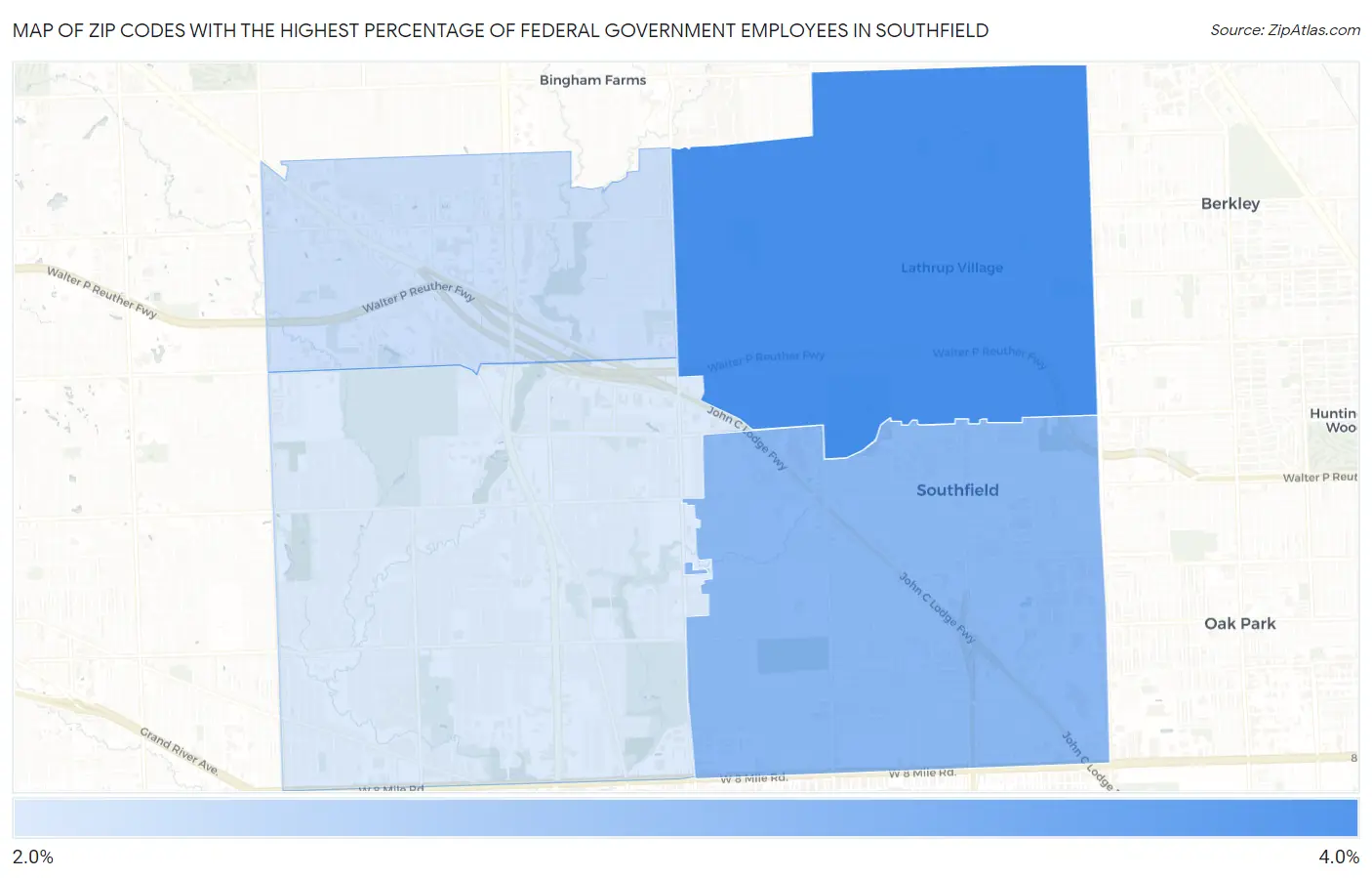 Zip Codes with the Highest Percentage of Federal Government Employees in Southfield Map
