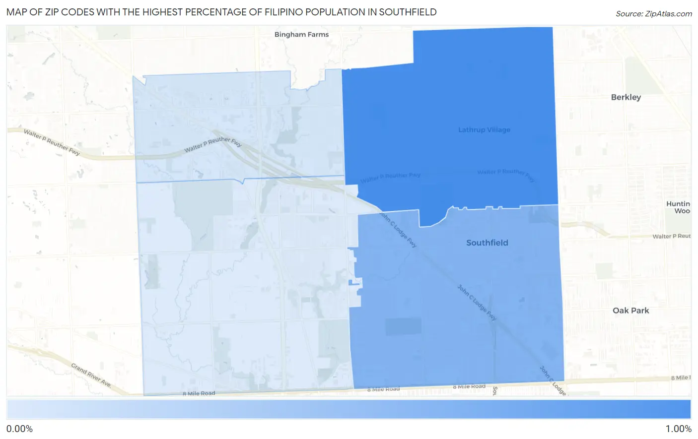 Zip Codes with the Highest Percentage of Filipino Population in Southfield Map