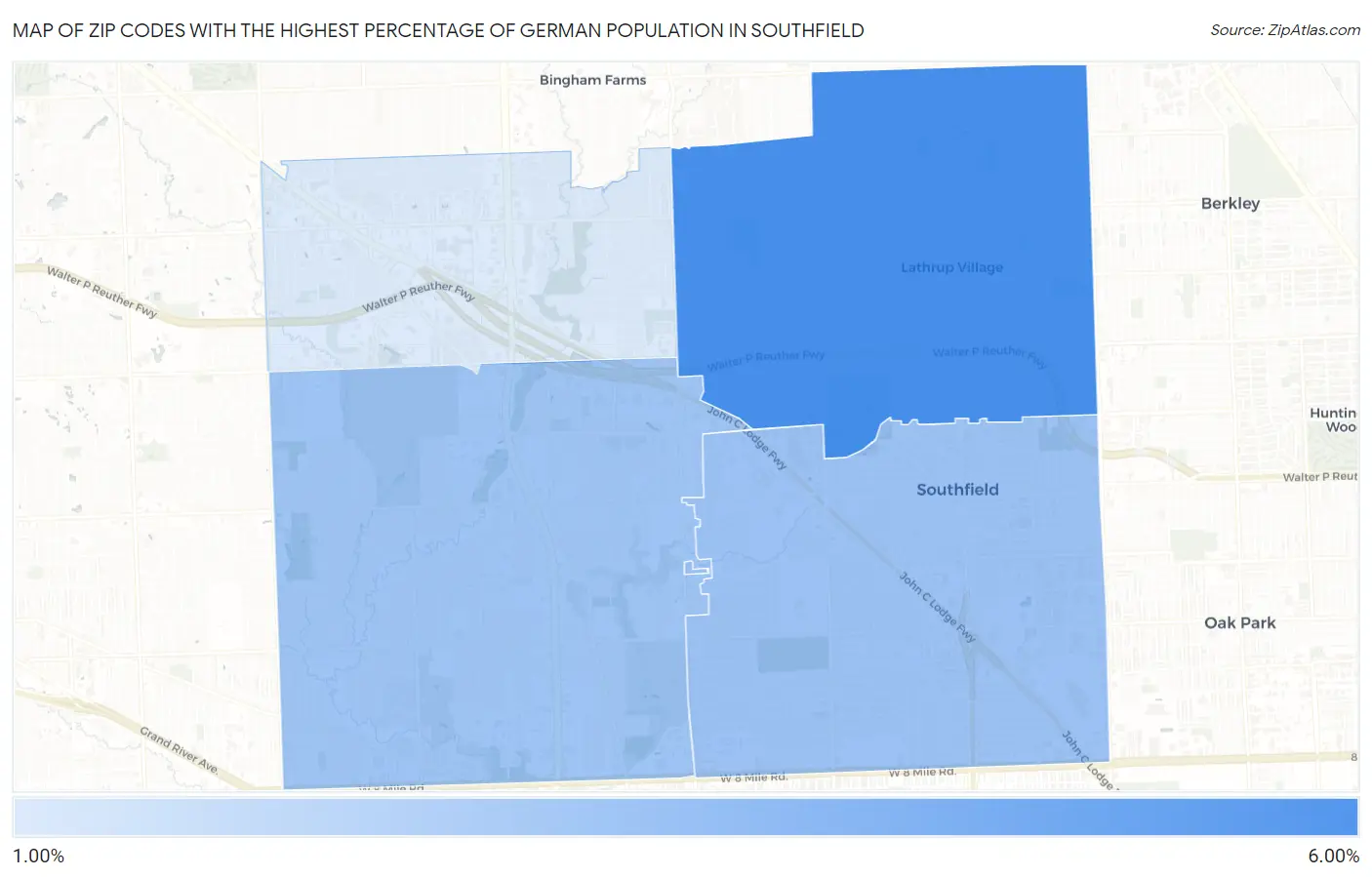 Zip Codes with the Highest Percentage of German Population in Southfield Map