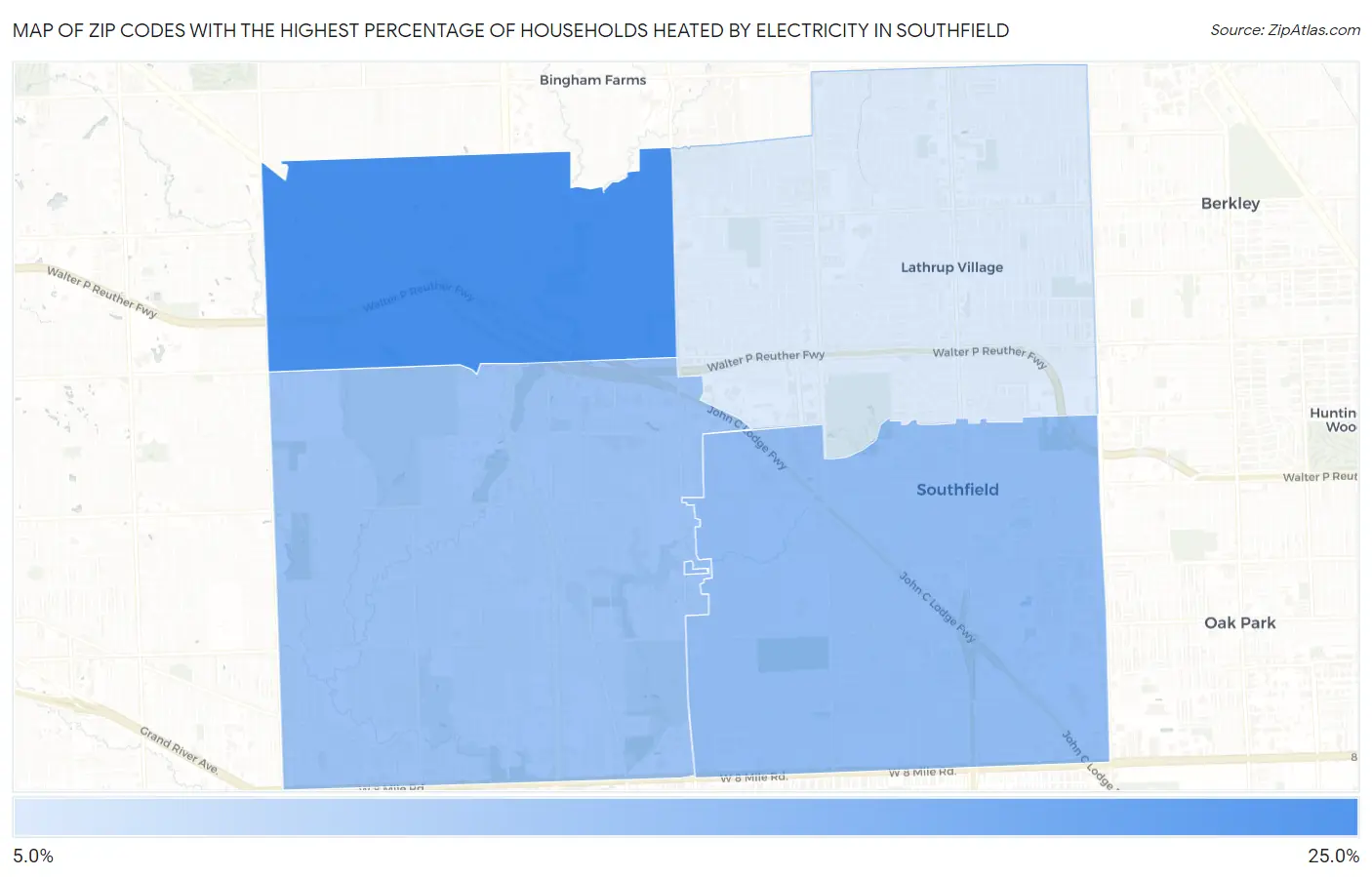 Zip Codes with the Highest Percentage of Households Heated by Electricity in Southfield Map