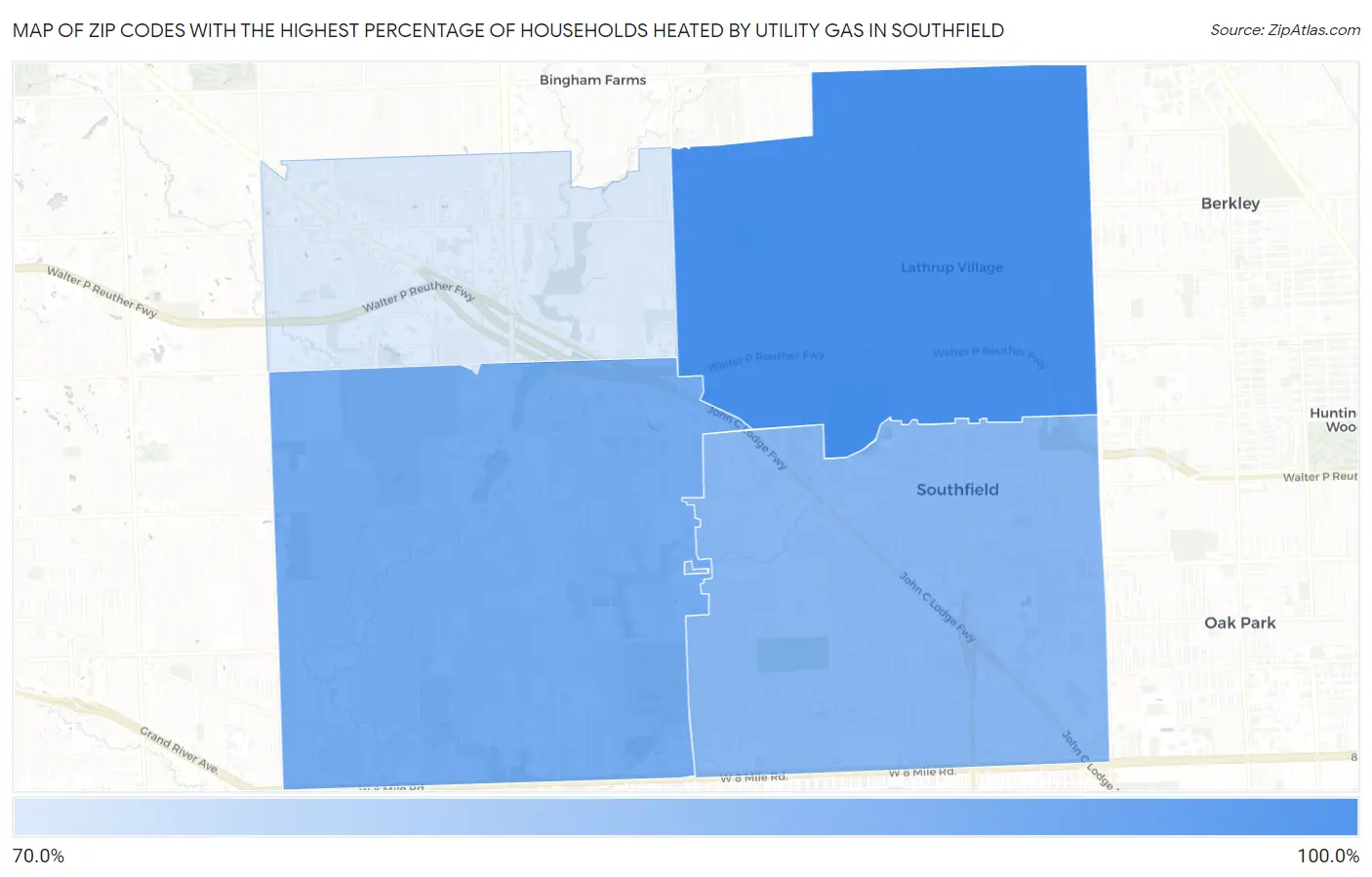 Zip Codes with the Highest Percentage of Households Heated by Utility Gas in Southfield Map