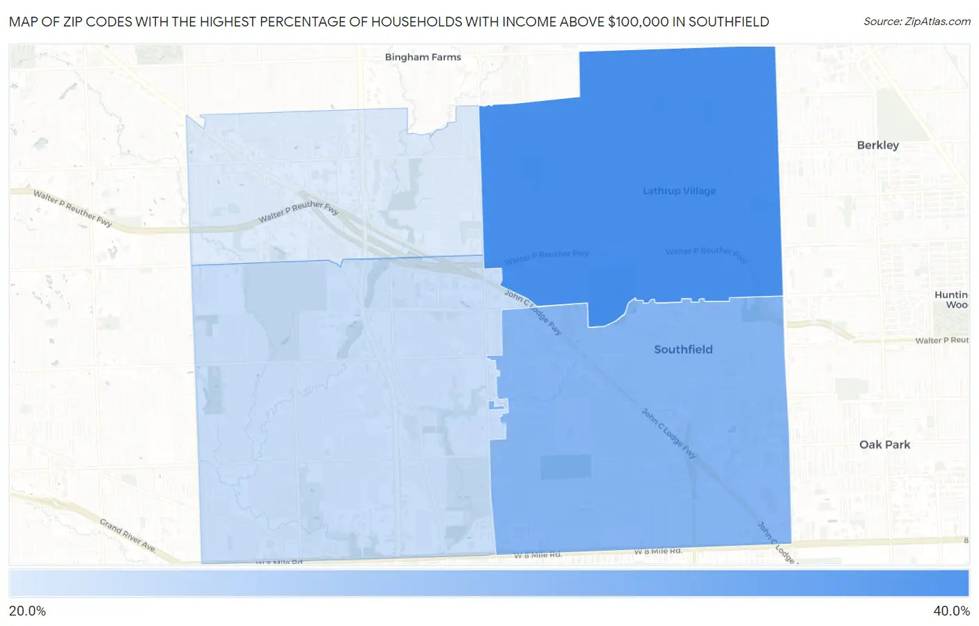 Zip Codes with the Highest Percentage of Households with Income Above $100,000 in Southfield Map