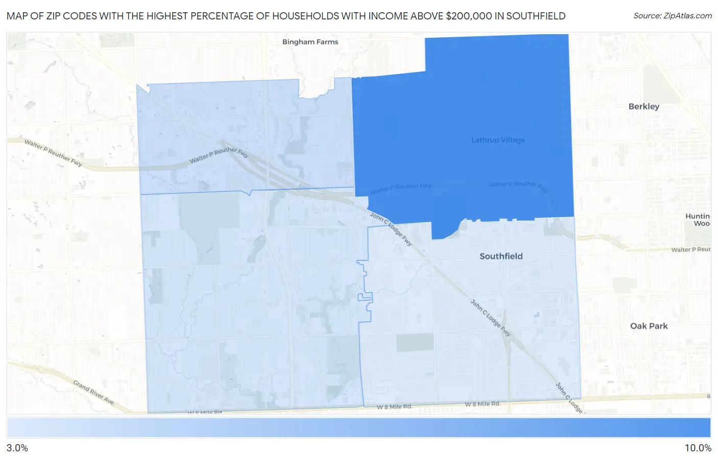 Zip Codes with the Highest Percentage of Households with Income Above $200,000 in Southfield Map