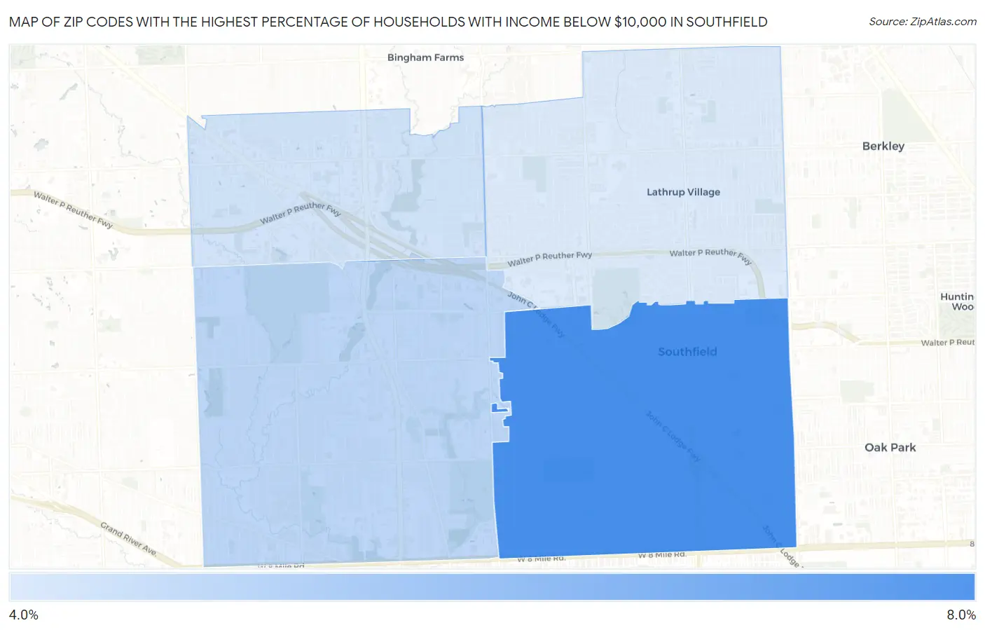 Zip Codes with the Highest Percentage of Households with Income Below $10,000 in Southfield Map