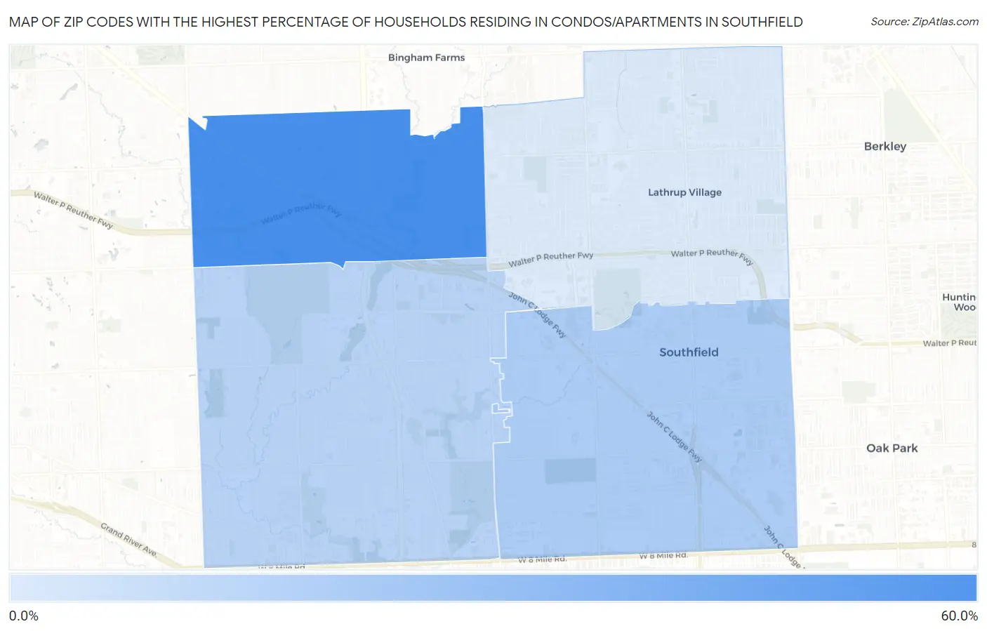 Zip Codes with the Highest Percentage of Households Residing in Condos/Apartments in Southfield Map
