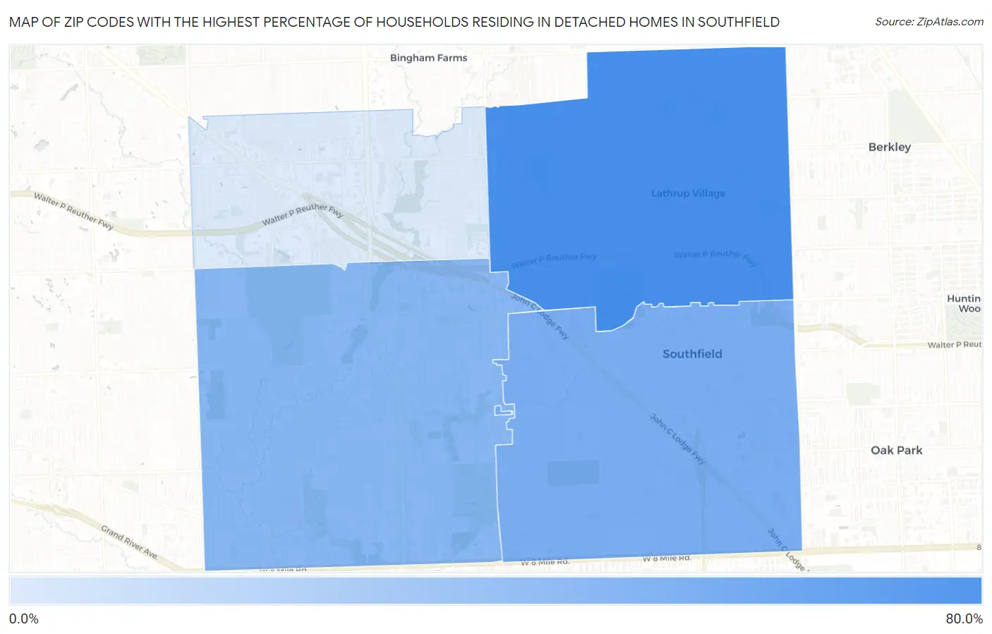 Zip Codes with the Highest Percentage of Households Residing in Detached Homes in Southfield Map