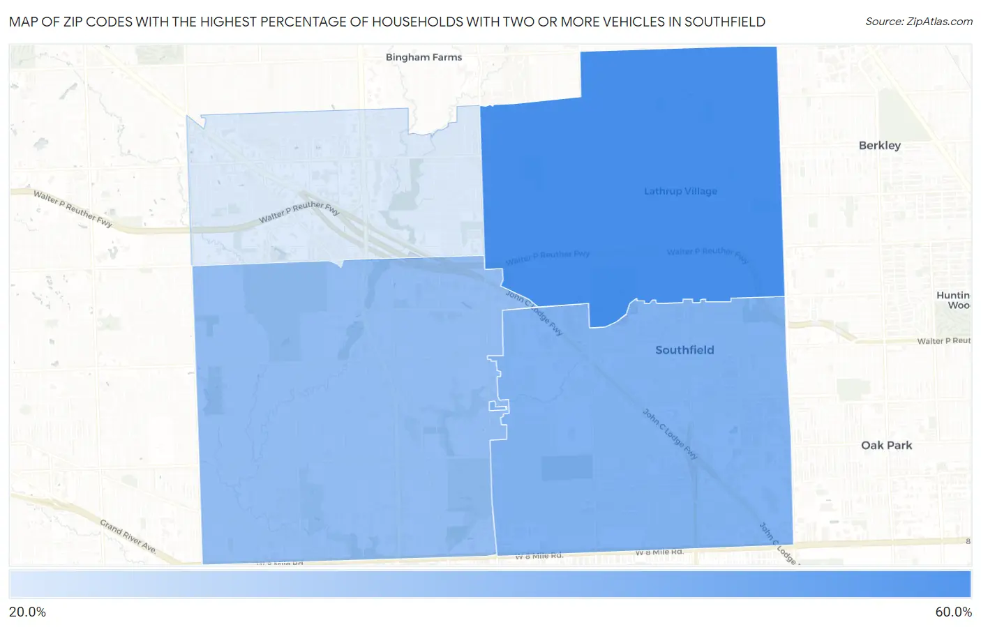 Zip Codes with the Highest Percentage of Households With Two or more Vehicles in Southfield Map