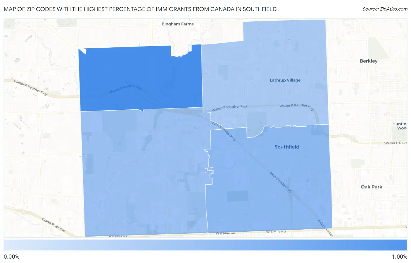 Zip Codes with the Highest Percentage of Immigrants from Canada in Southfield Map