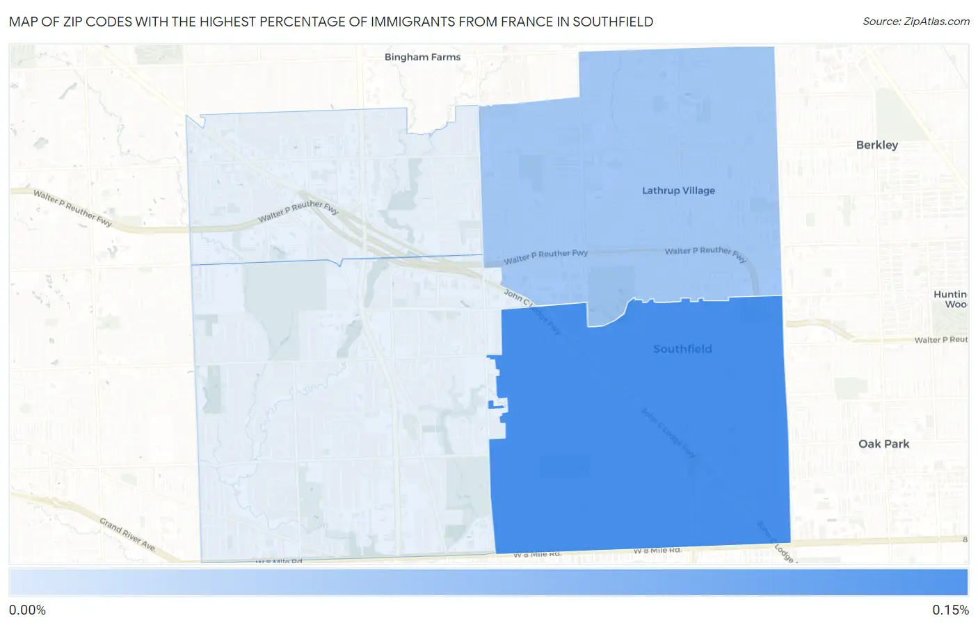 Zip Codes with the Highest Percentage of Immigrants from France in Southfield Map
