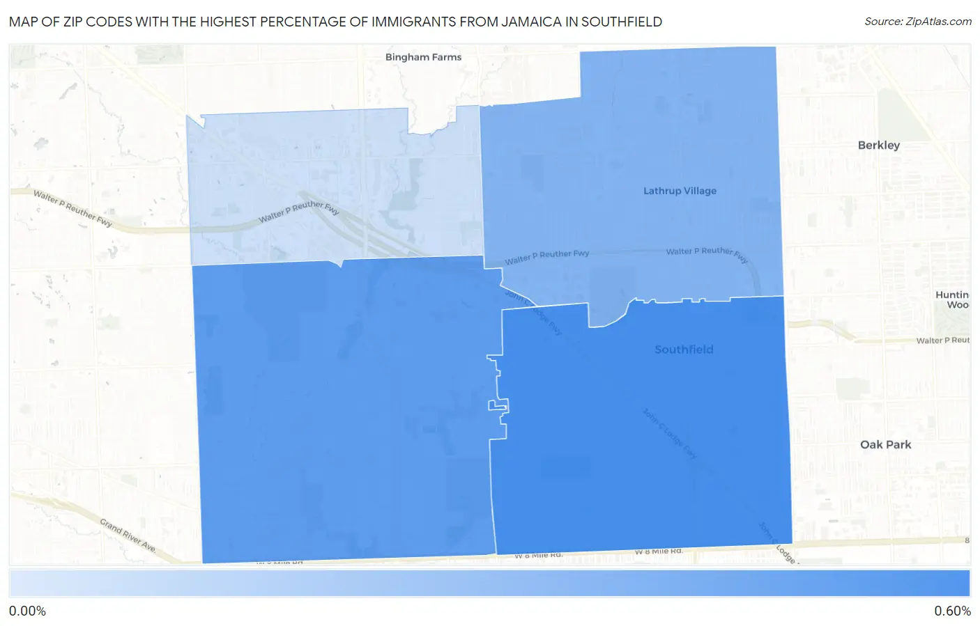 Zip Codes with the Highest Percentage of Immigrants from Jamaica in Southfield Map