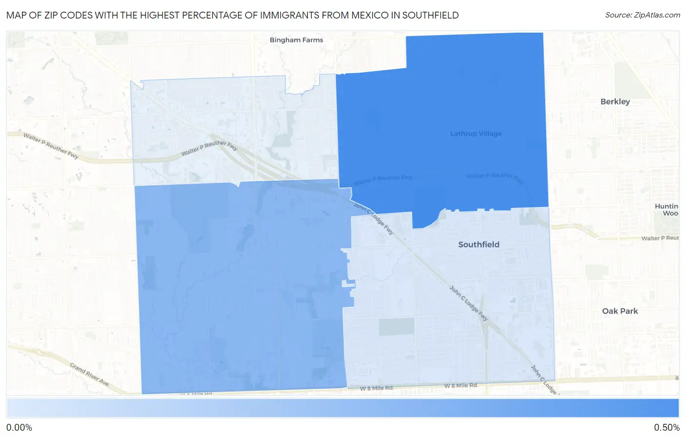 Zip Codes with the Highest Percentage of Immigrants from Mexico in Southfield Map