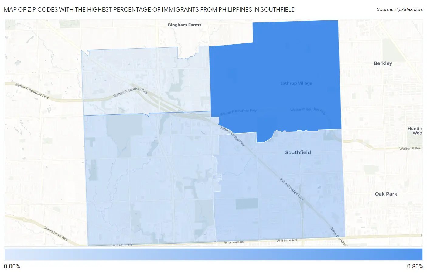 Zip Codes with the Highest Percentage of Immigrants from Philippines in Southfield Map