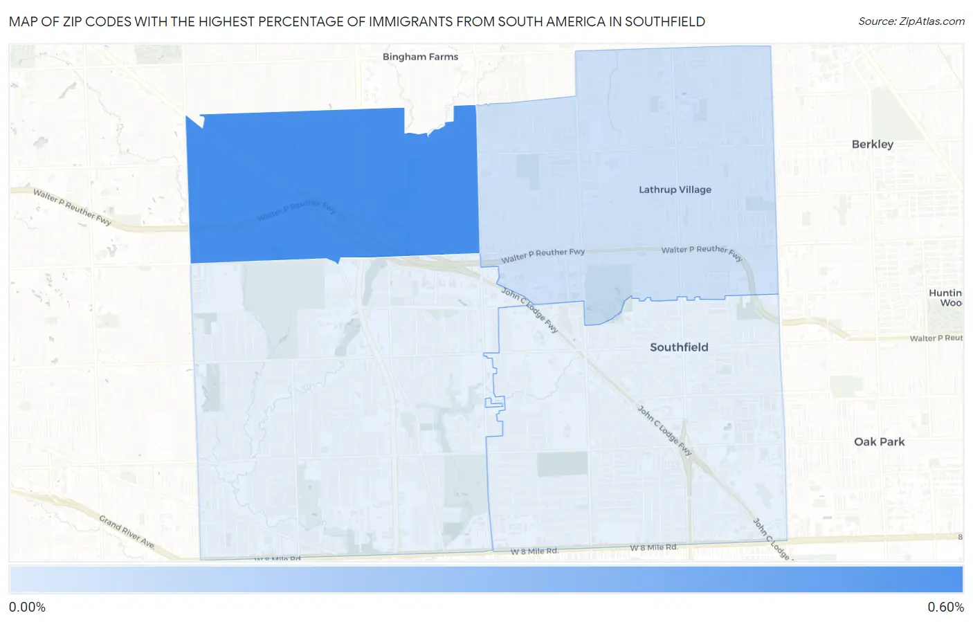 Zip Codes with the Highest Percentage of Immigrants from South America in Southfield Map