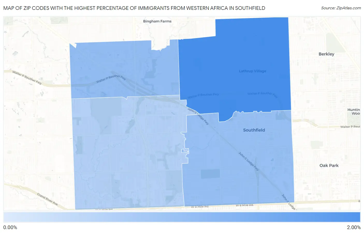 Zip Codes with the Highest Percentage of Immigrants from Western Africa in Southfield Map