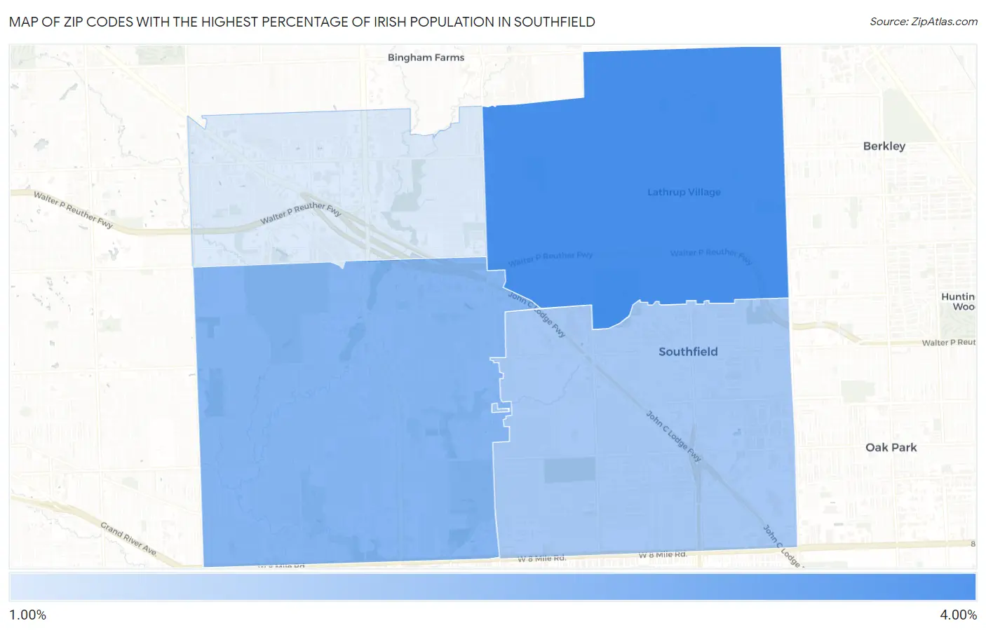 Zip Codes with the Highest Percentage of Irish Population in Southfield Map