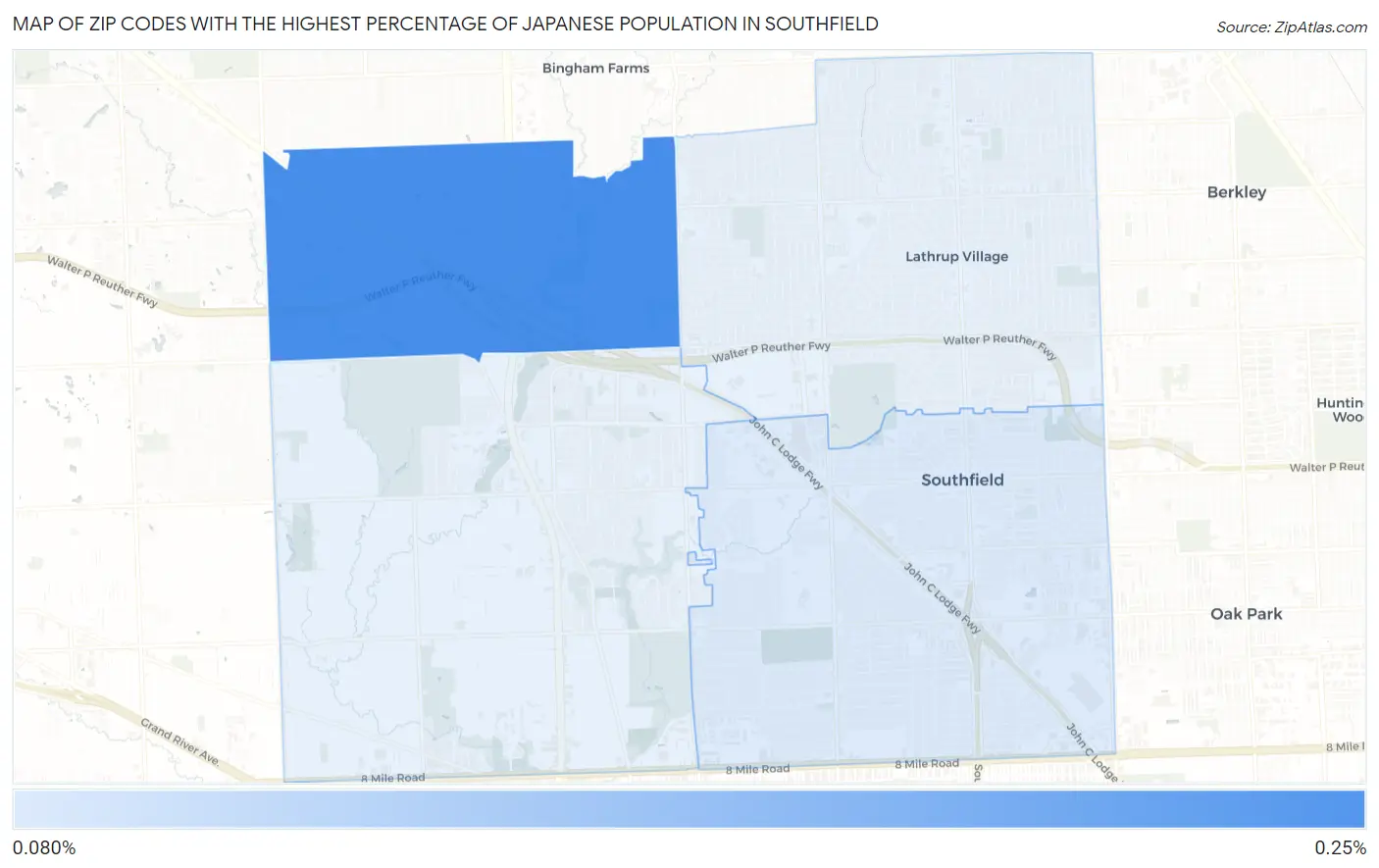 Zip Codes with the Highest Percentage of Japanese Population in Southfield Map