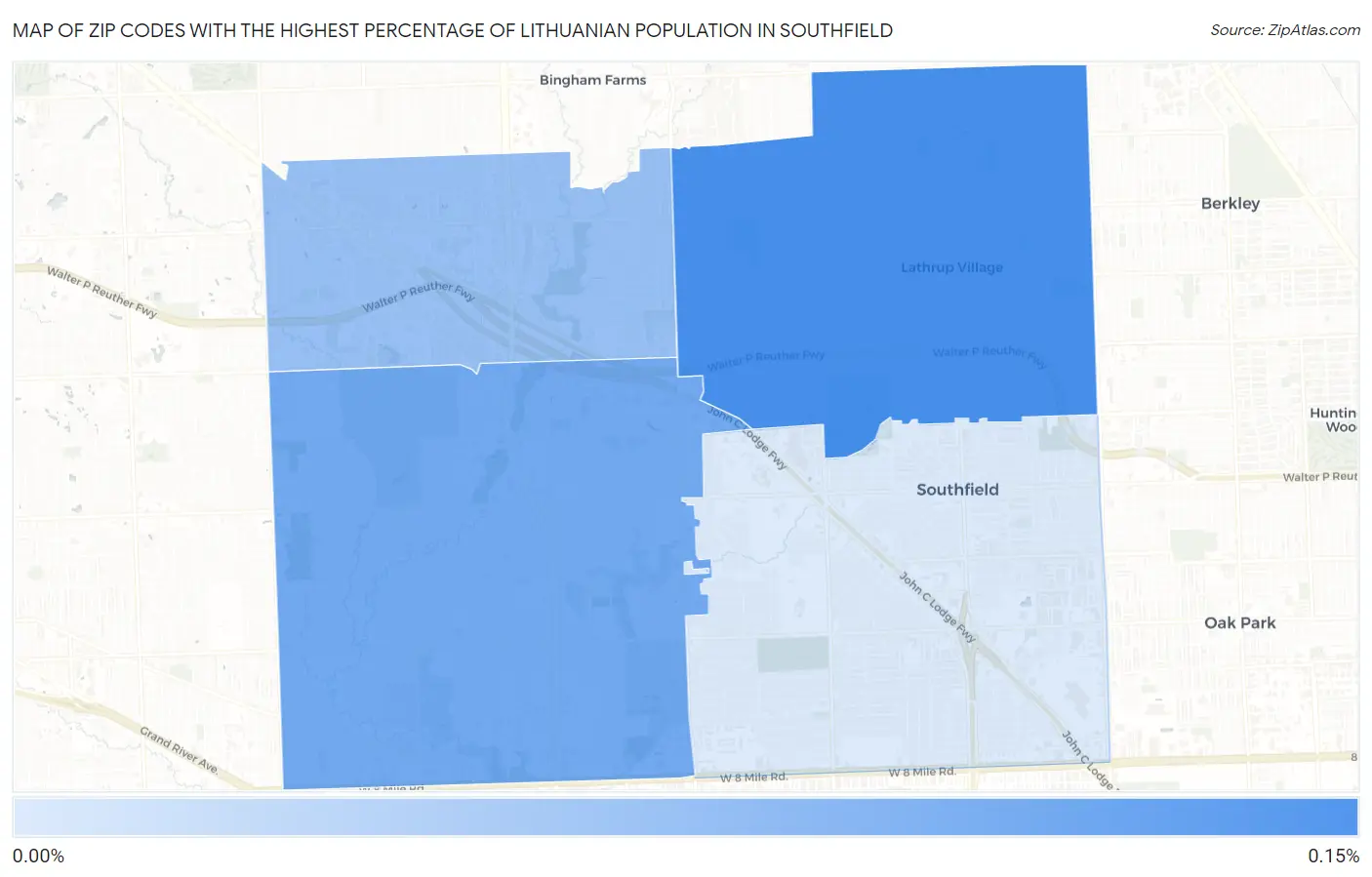 Zip Codes with the Highest Percentage of Lithuanian Population in Southfield Map