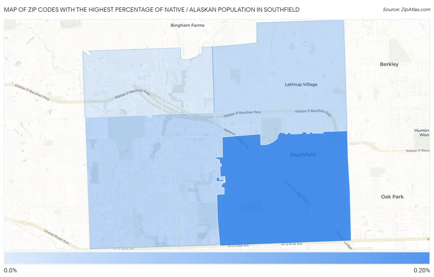 Zip Codes with the Highest Percentage of Native / Alaskan Population in Southfield Map