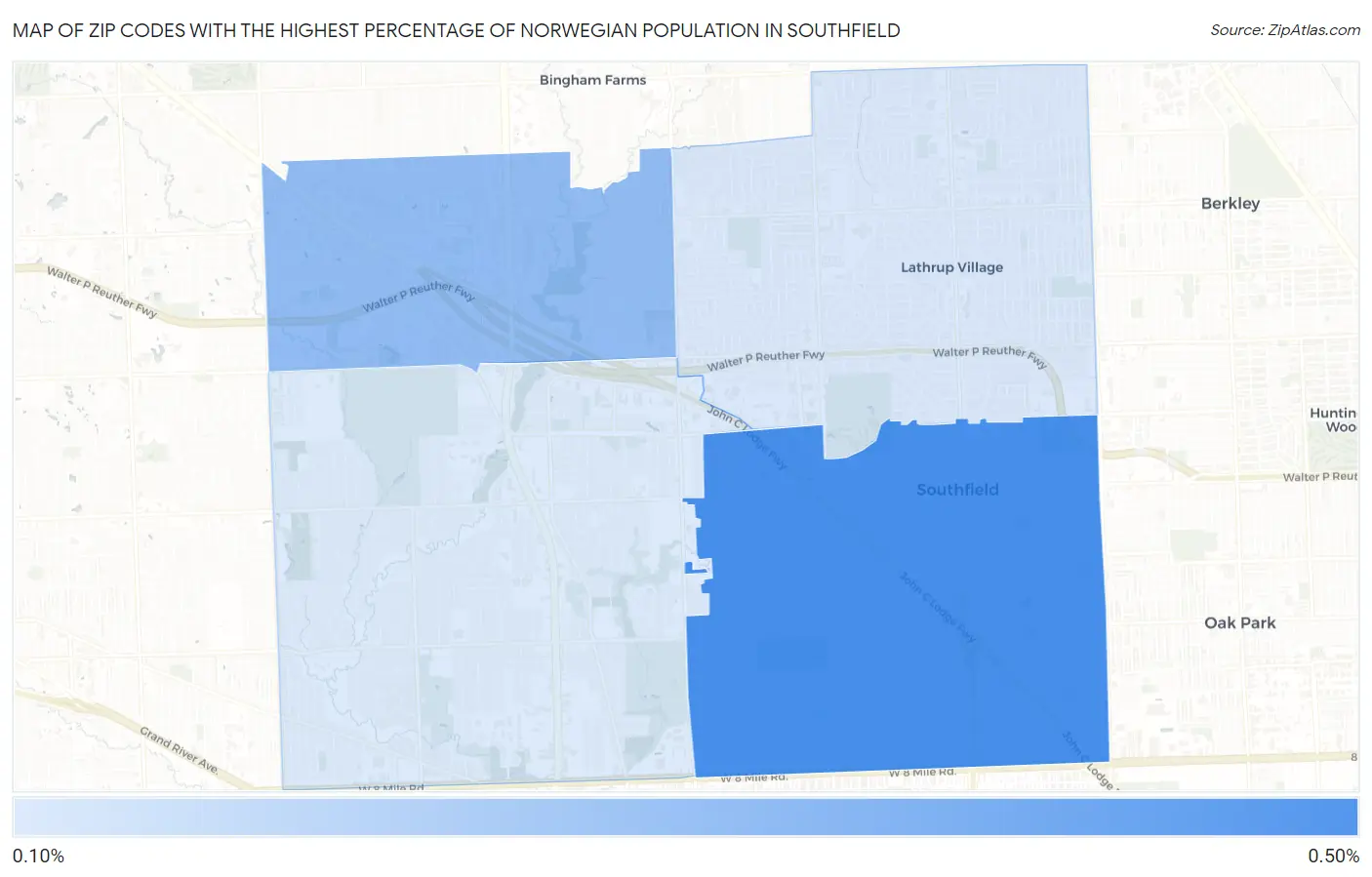 Zip Codes with the Highest Percentage of Norwegian Population in Southfield Map
