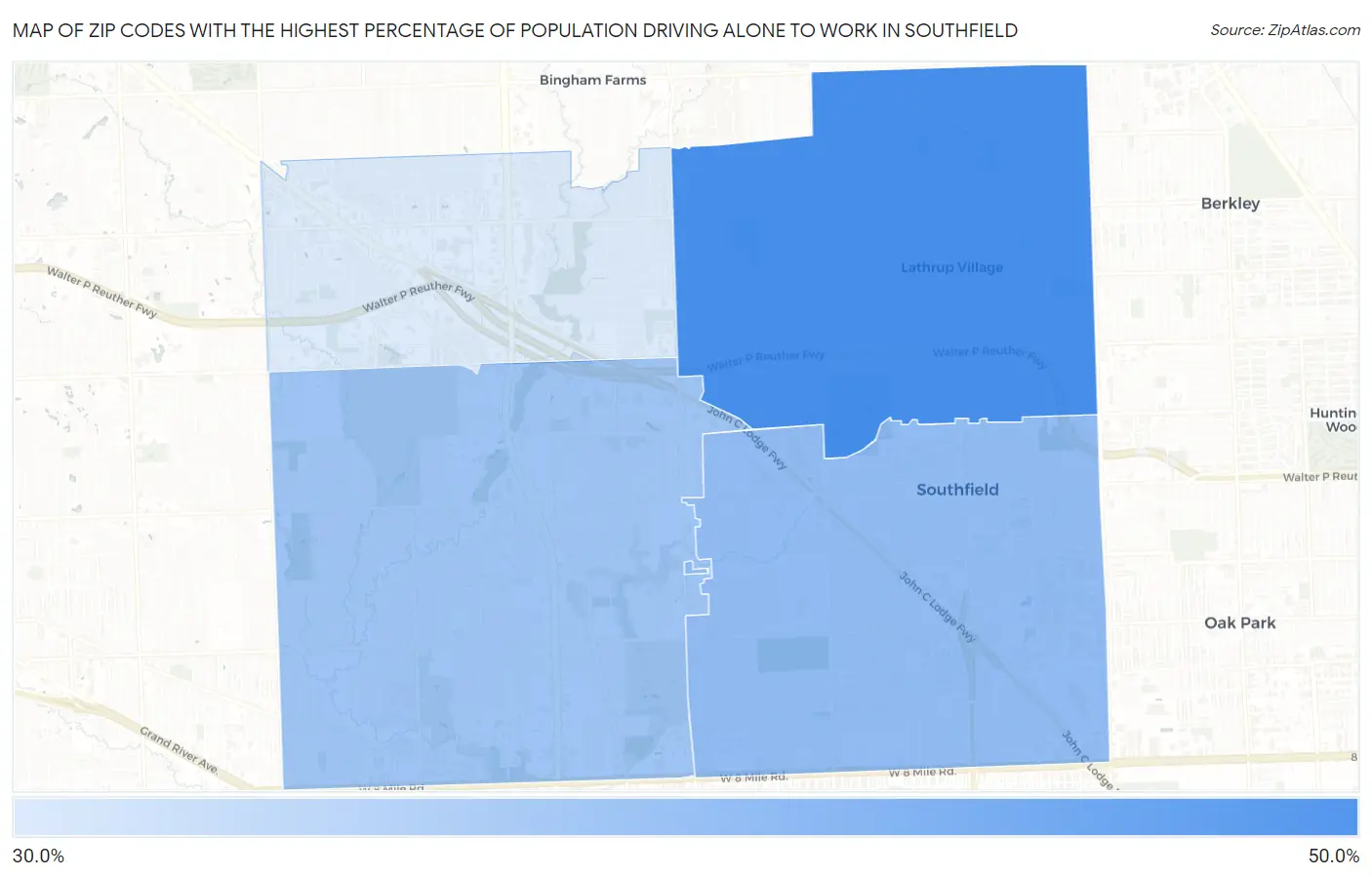 Zip Codes with the Highest Percentage of Population Driving Alone to Work in Southfield Map