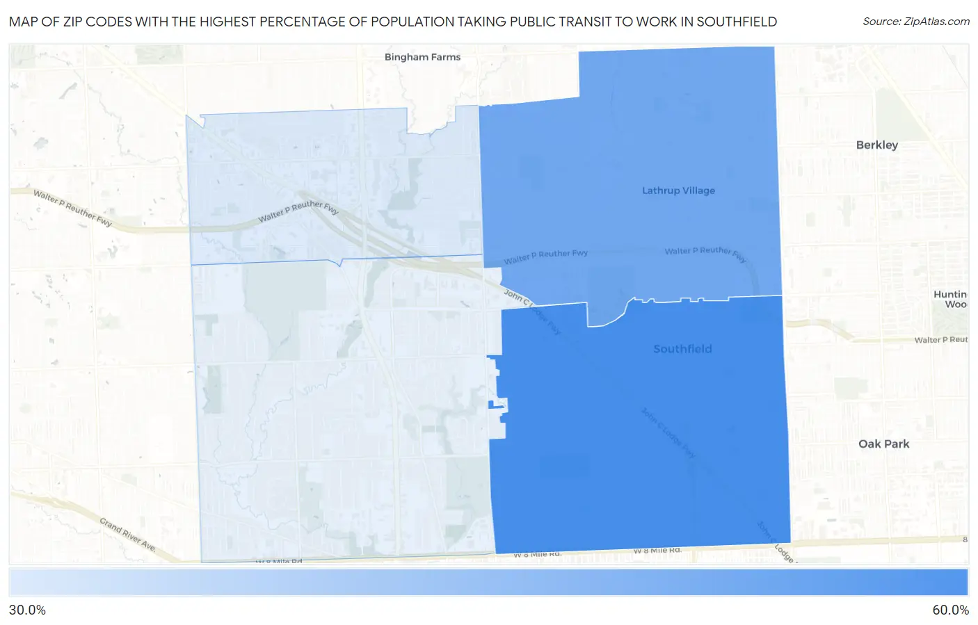 Zip Codes with the Highest Percentage of Population Taking Public Transit to Work in Southfield Map