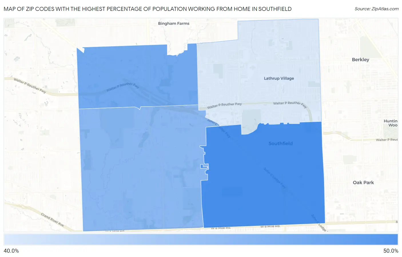 Zip Codes with the Highest Percentage of Population Working from Home in Southfield Map