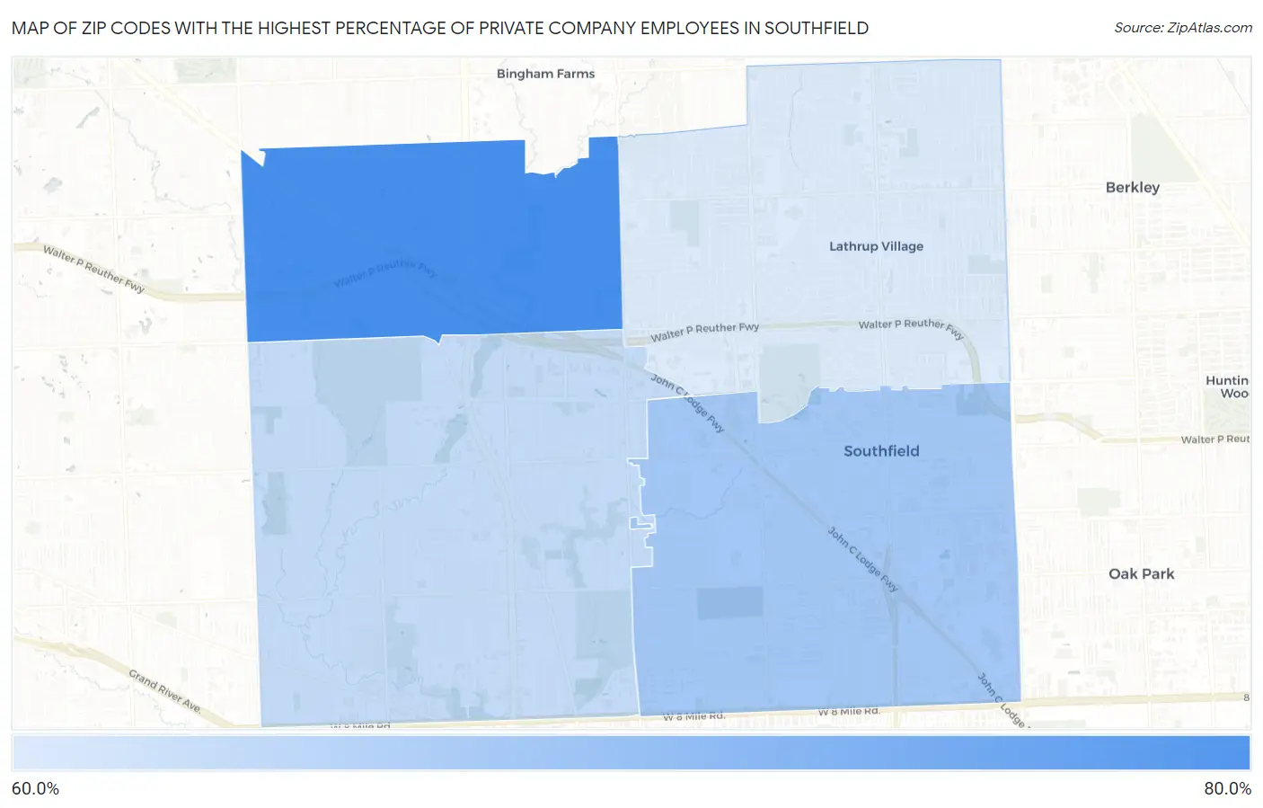 Zip Codes with the Highest Percentage of Private Company Employees in Southfield Map
