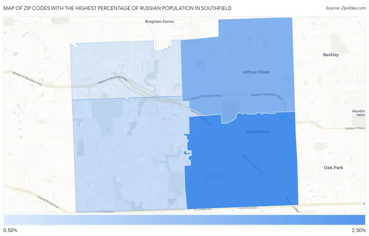 Zip Codes with the Highest Percentage of Russian Population in Southfield Map