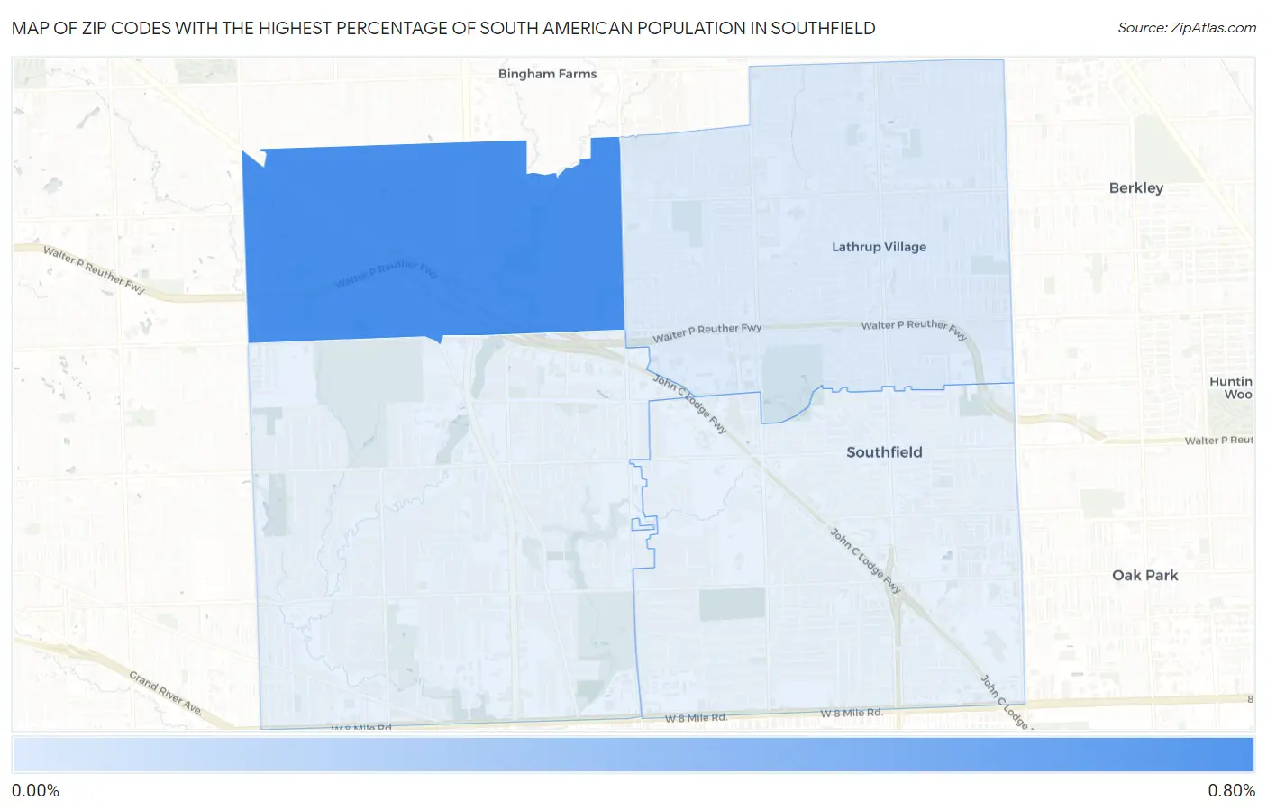 Zip Codes with the Highest Percentage of South American Population in Southfield Map