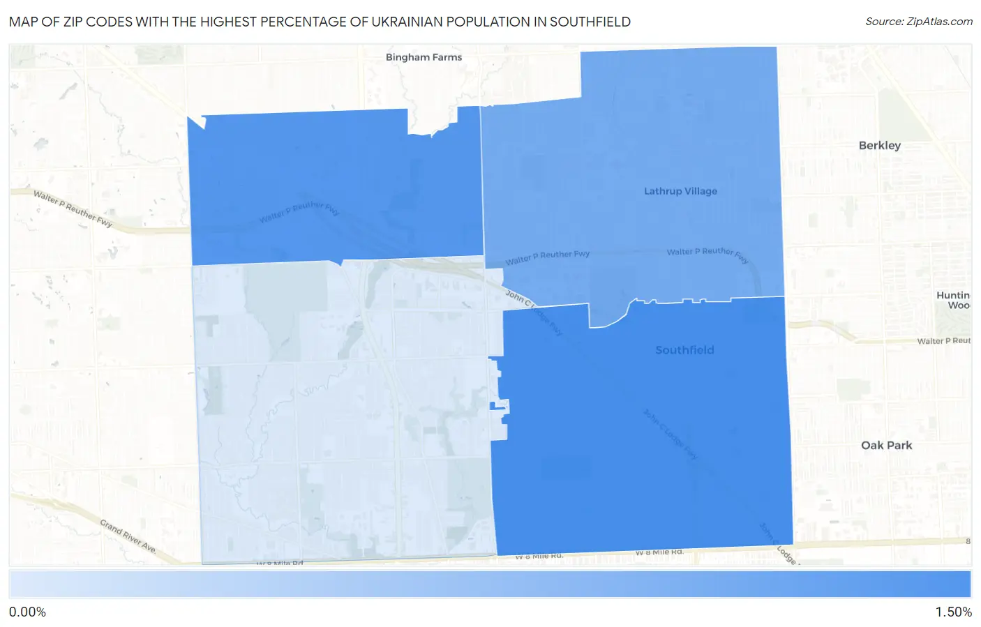Zip Codes with the Highest Percentage of Ukrainian Population in Southfield Map