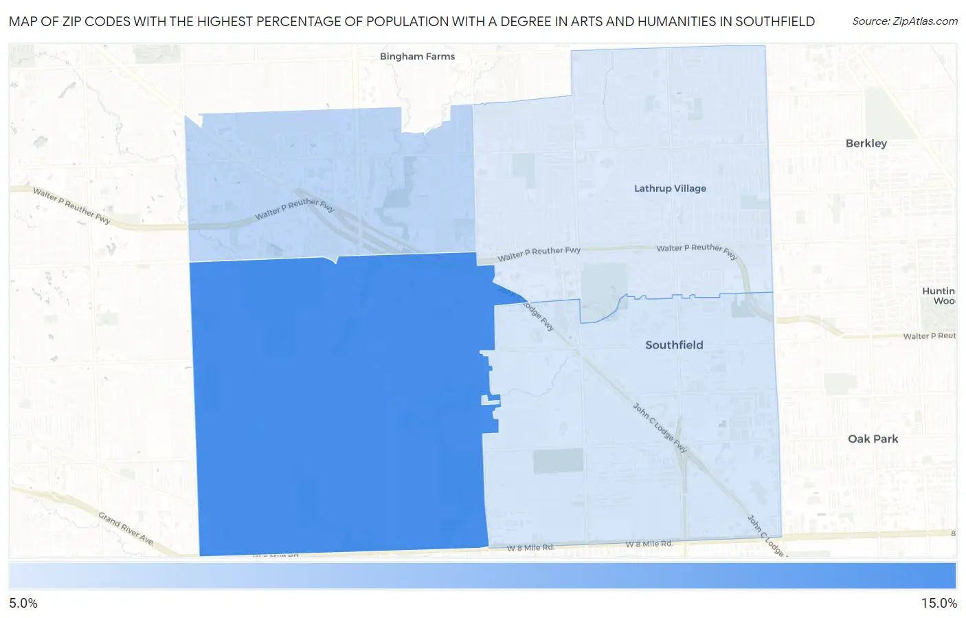 Zip Codes with the Highest Percentage of Population with a Degree in Arts and Humanities in Southfield Map