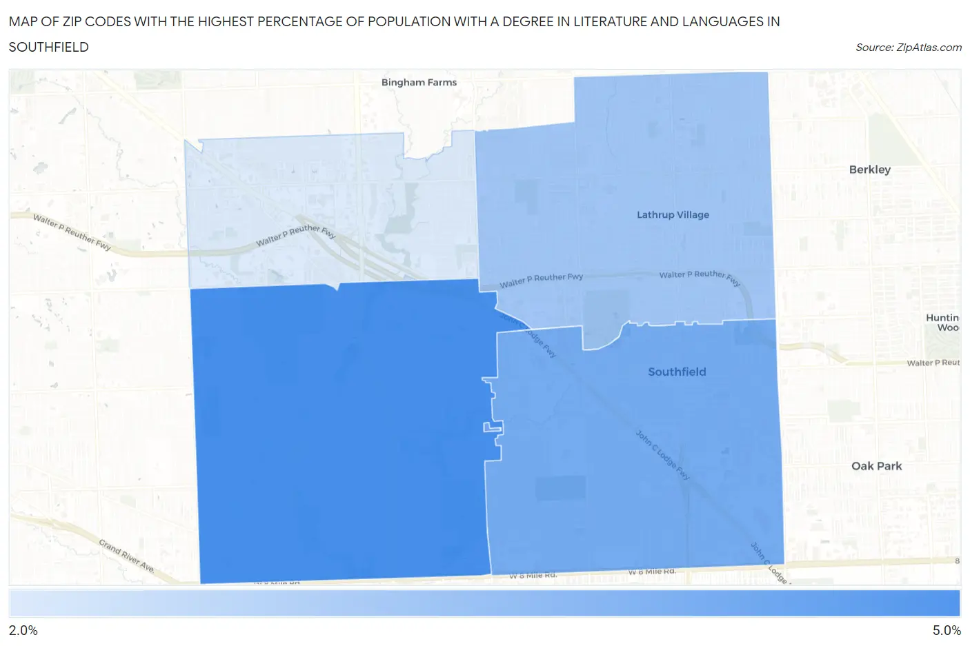 Zip Codes with the Highest Percentage of Population with a Degree in Literature and Languages in Southfield Map