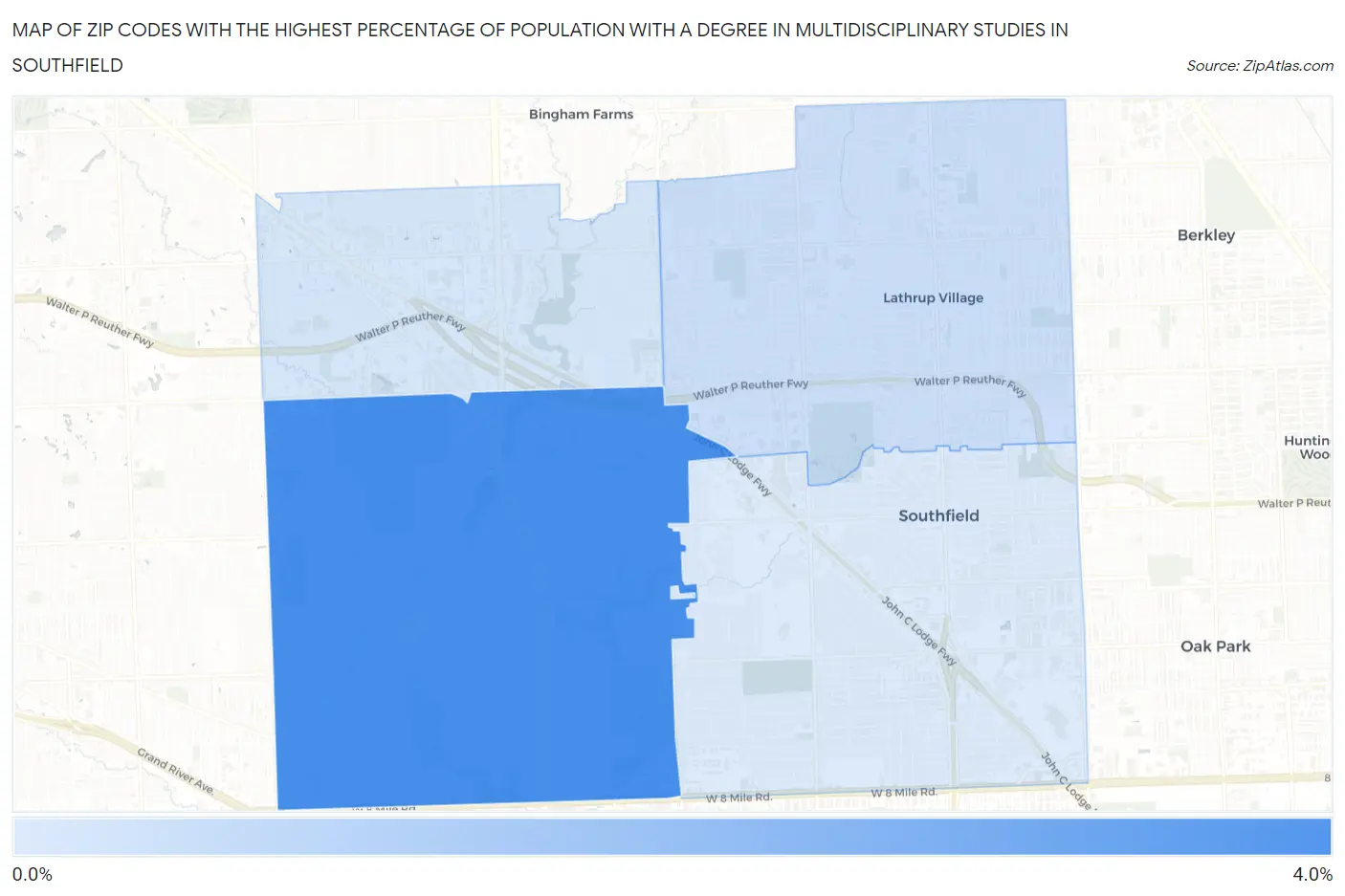 Zip Codes with the Highest Percentage of Population with a Degree in Multidisciplinary Studies in Southfield Map