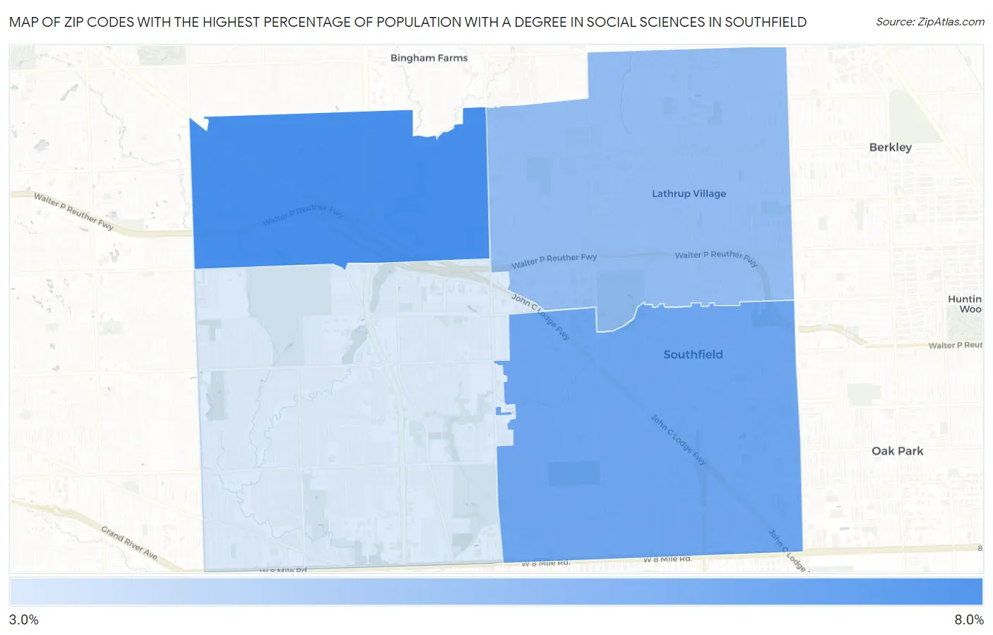 Zip Codes with the Highest Percentage of Population with a Degree in Social Sciences in Southfield Map