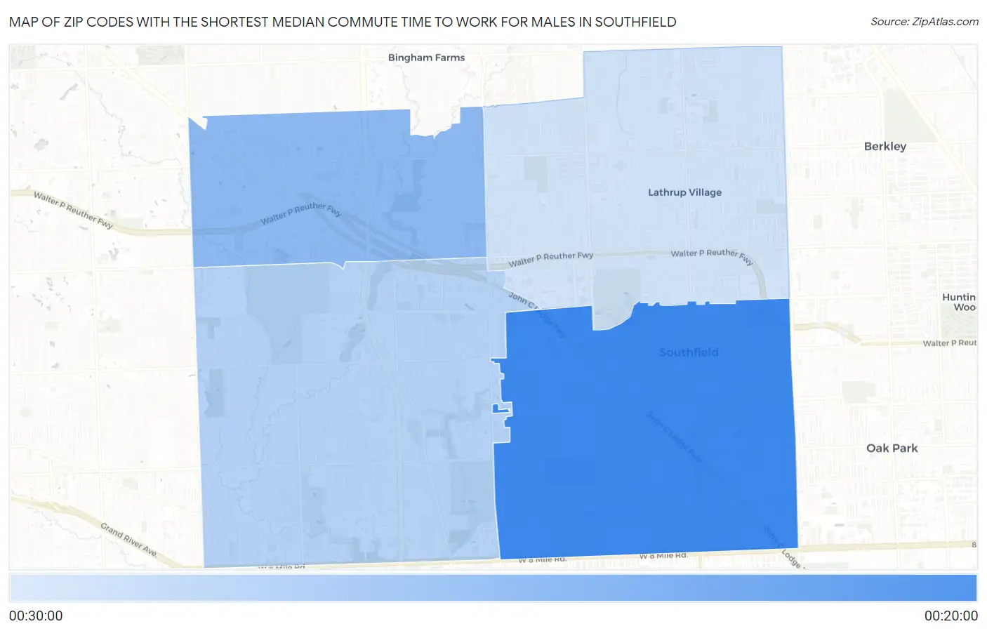 Zip Codes with the Shortest Median Commute Time to Work for Males in Southfield Map
