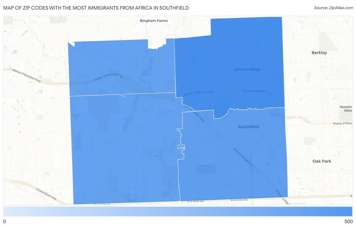 Zip Codes with the Most Immigrants from Africa in Southfield Map