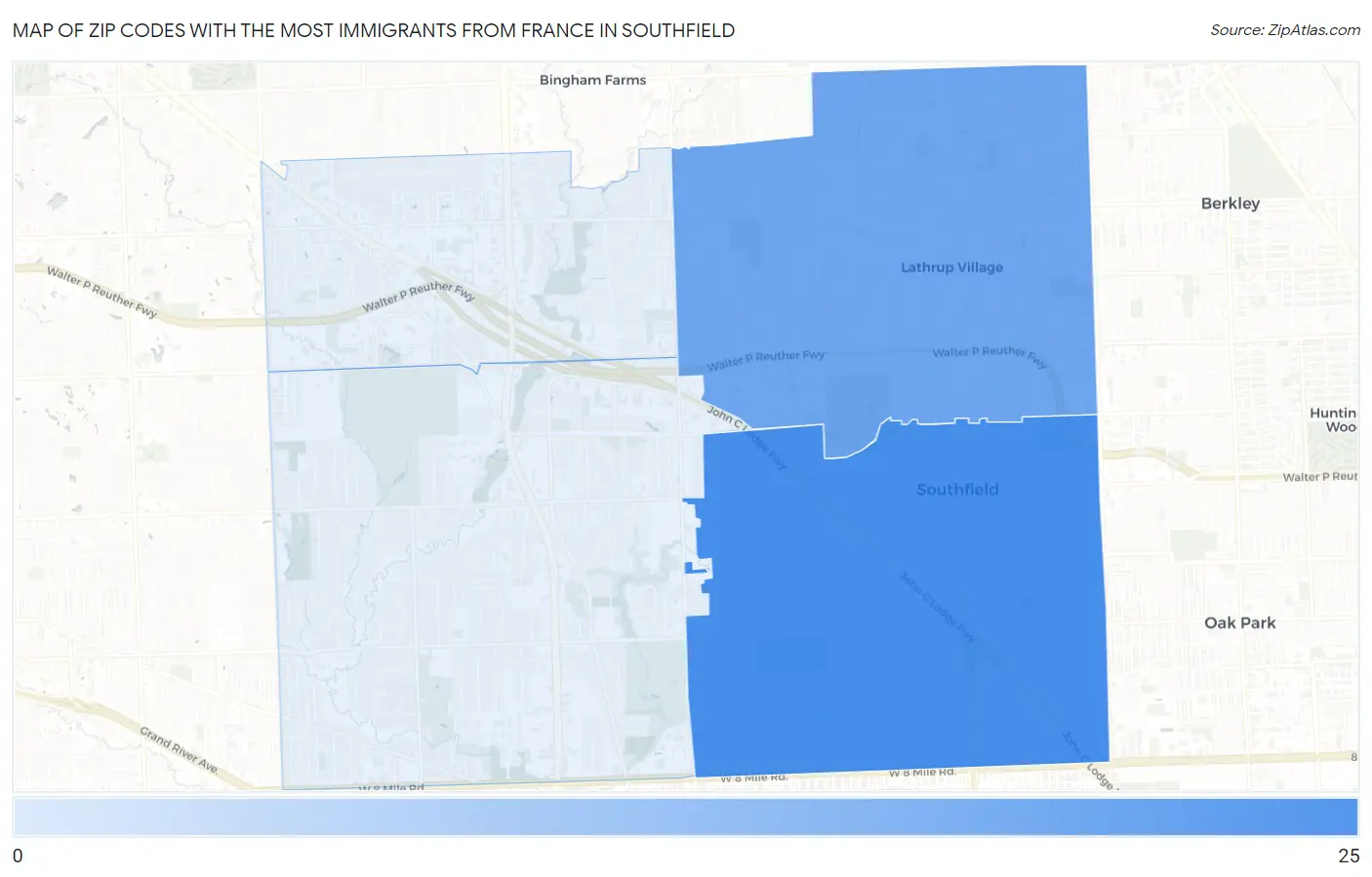 Zip Codes with the Most Immigrants from France in Southfield Map