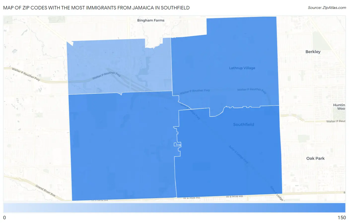 Zip Codes with the Most Immigrants from Jamaica in Southfield Map