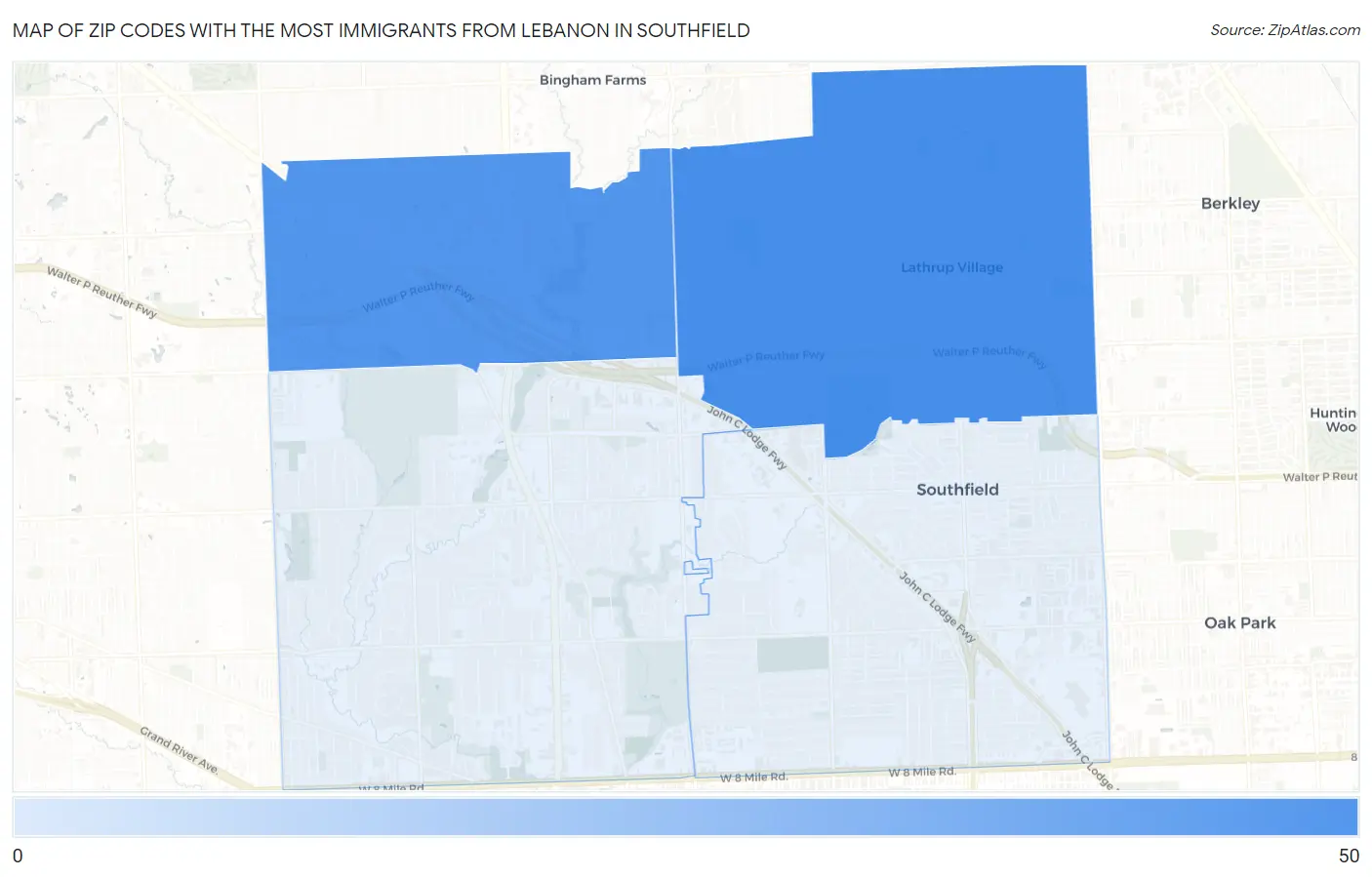 Zip Codes with the Most Immigrants from Lebanon in Southfield Map