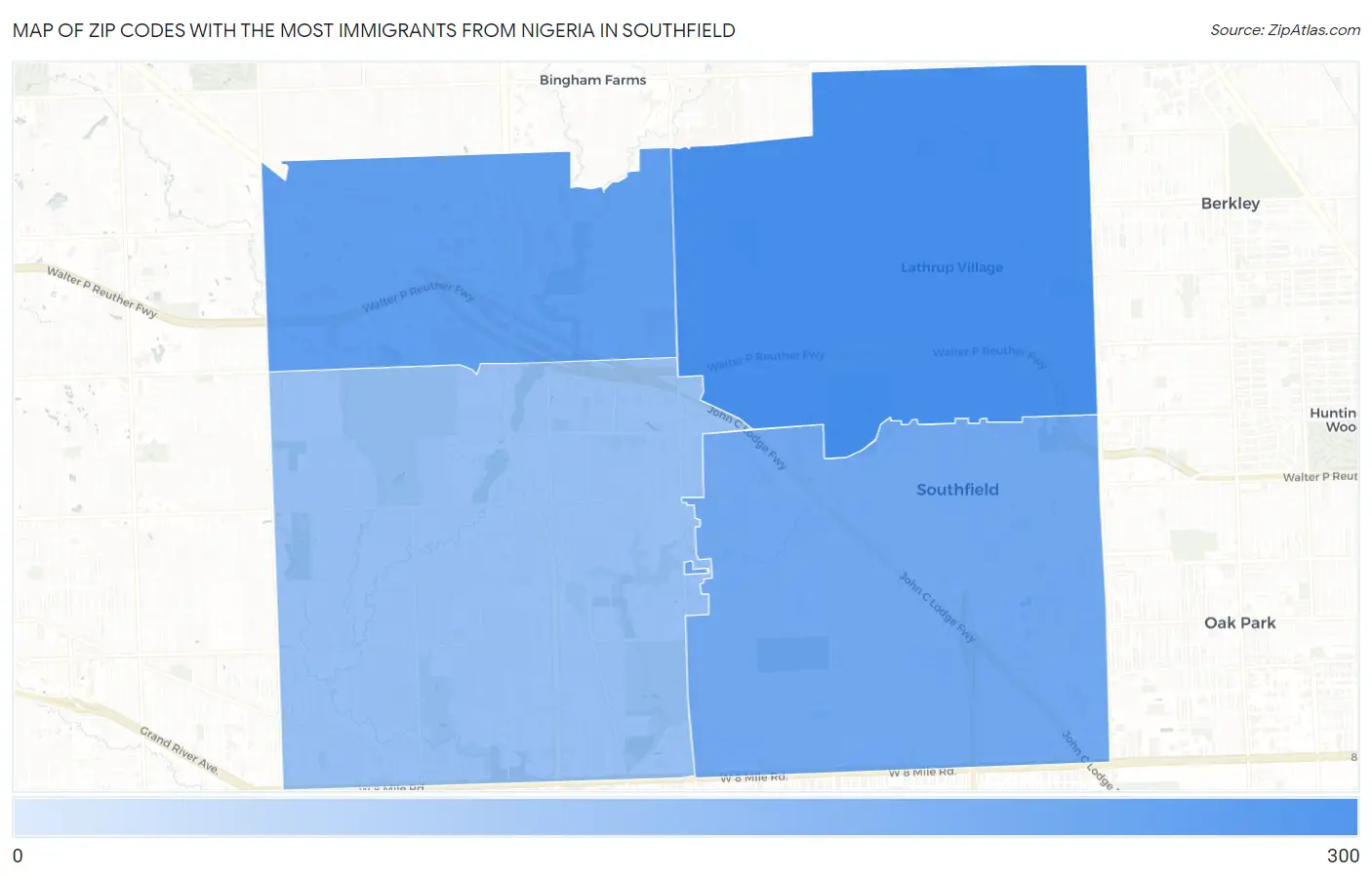 Zip Codes with the Most Immigrants from Nigeria in Southfield Map