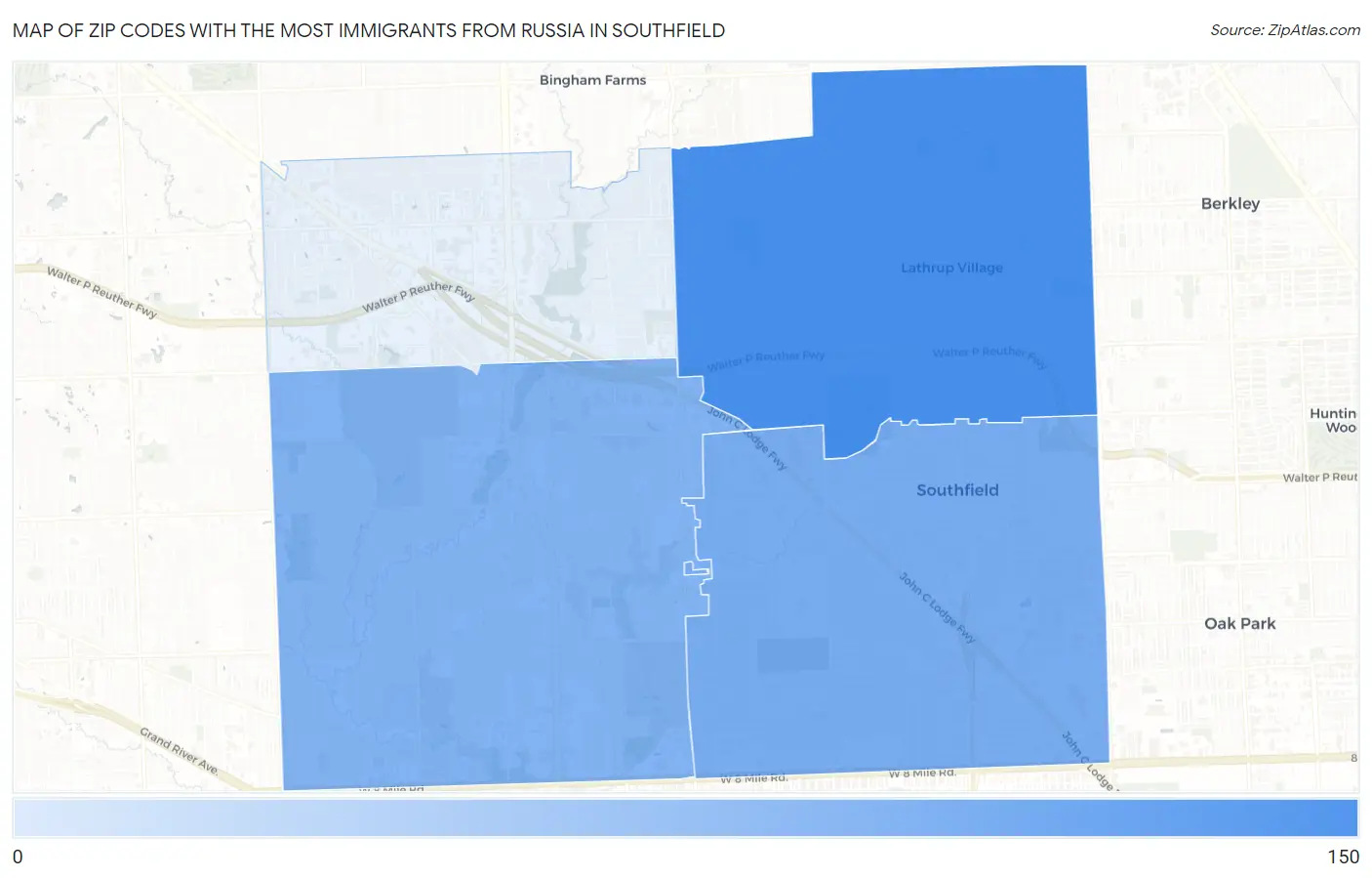 Zip Codes with the Most Immigrants from Russia in Southfield Map