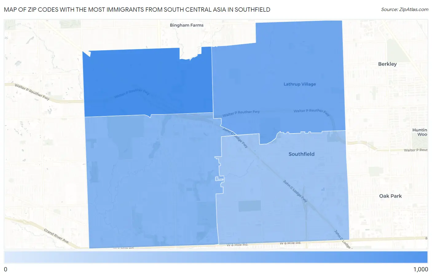 Zip Codes with the Most Immigrants from South Central Asia in Southfield Map