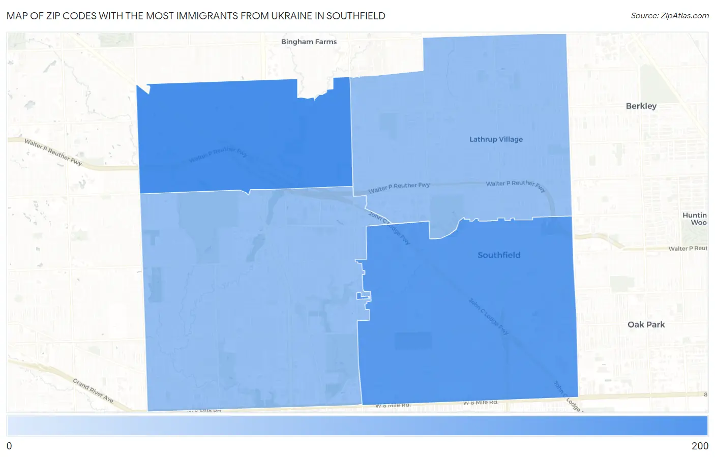 Zip Codes with the Most Immigrants from Ukraine in Southfield Map
