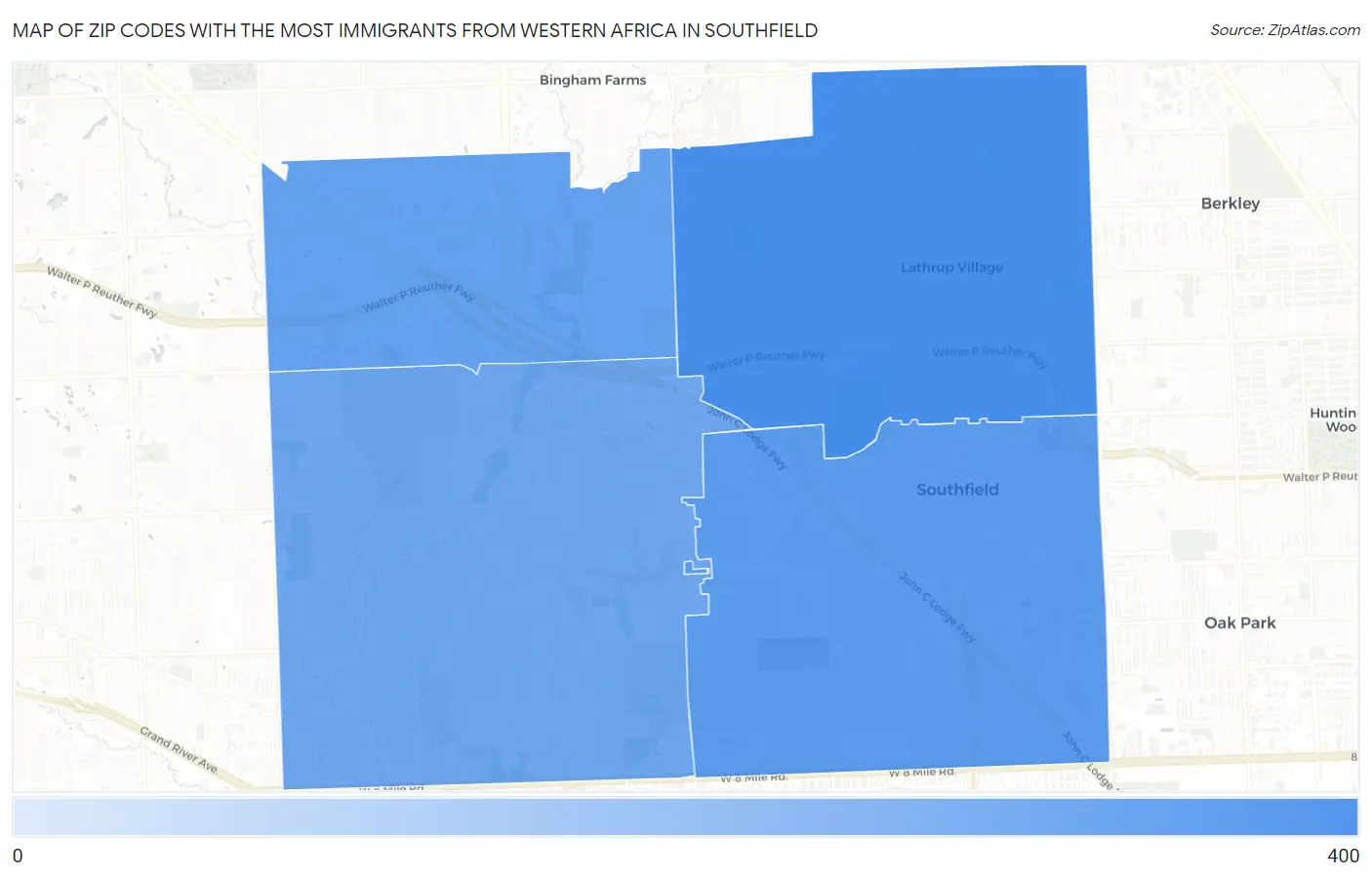 Zip Codes with the Most Immigrants from Western Africa in Southfield Map