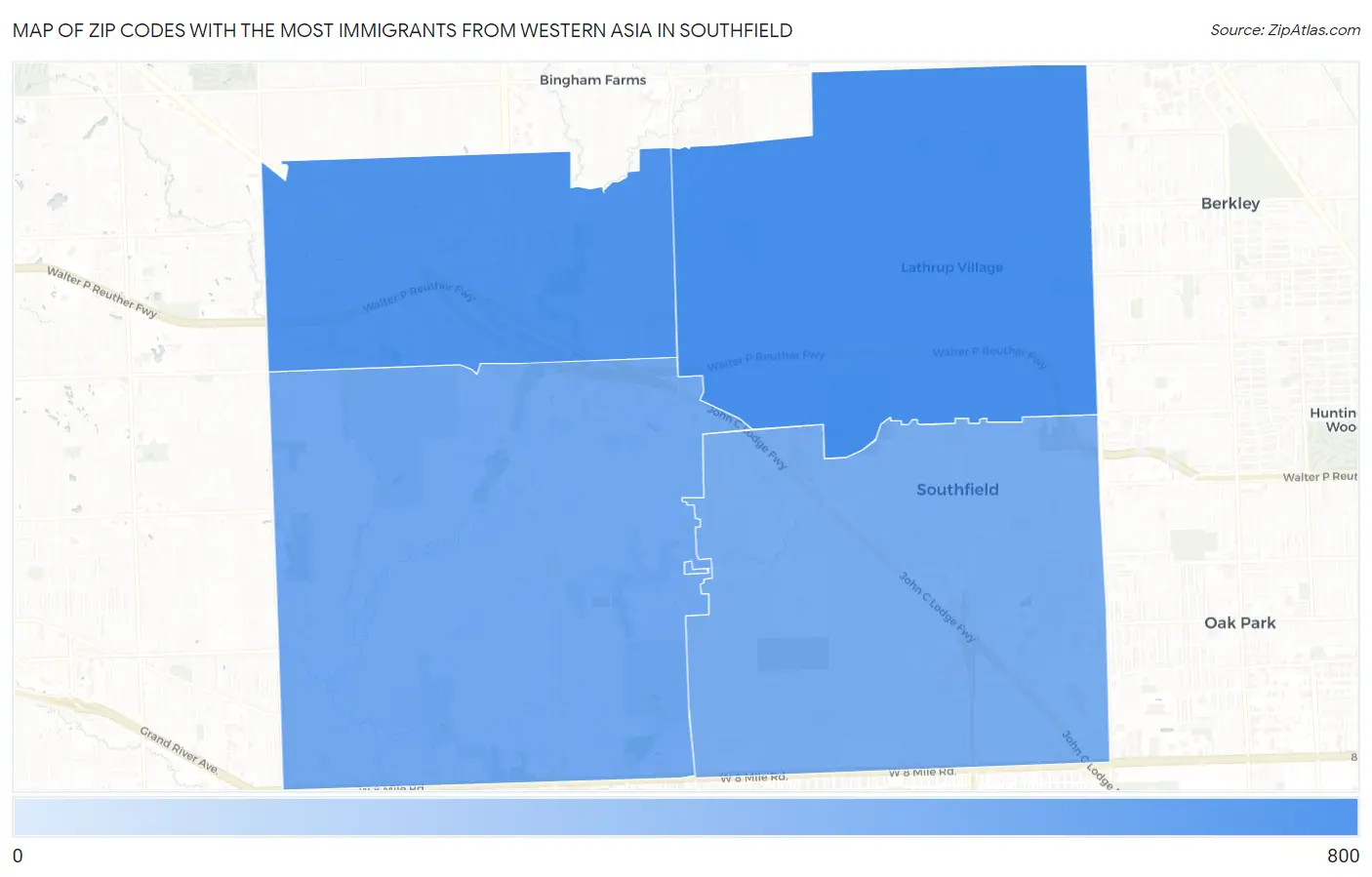 Zip Codes with the Most Immigrants from Western Asia in Southfield Map
