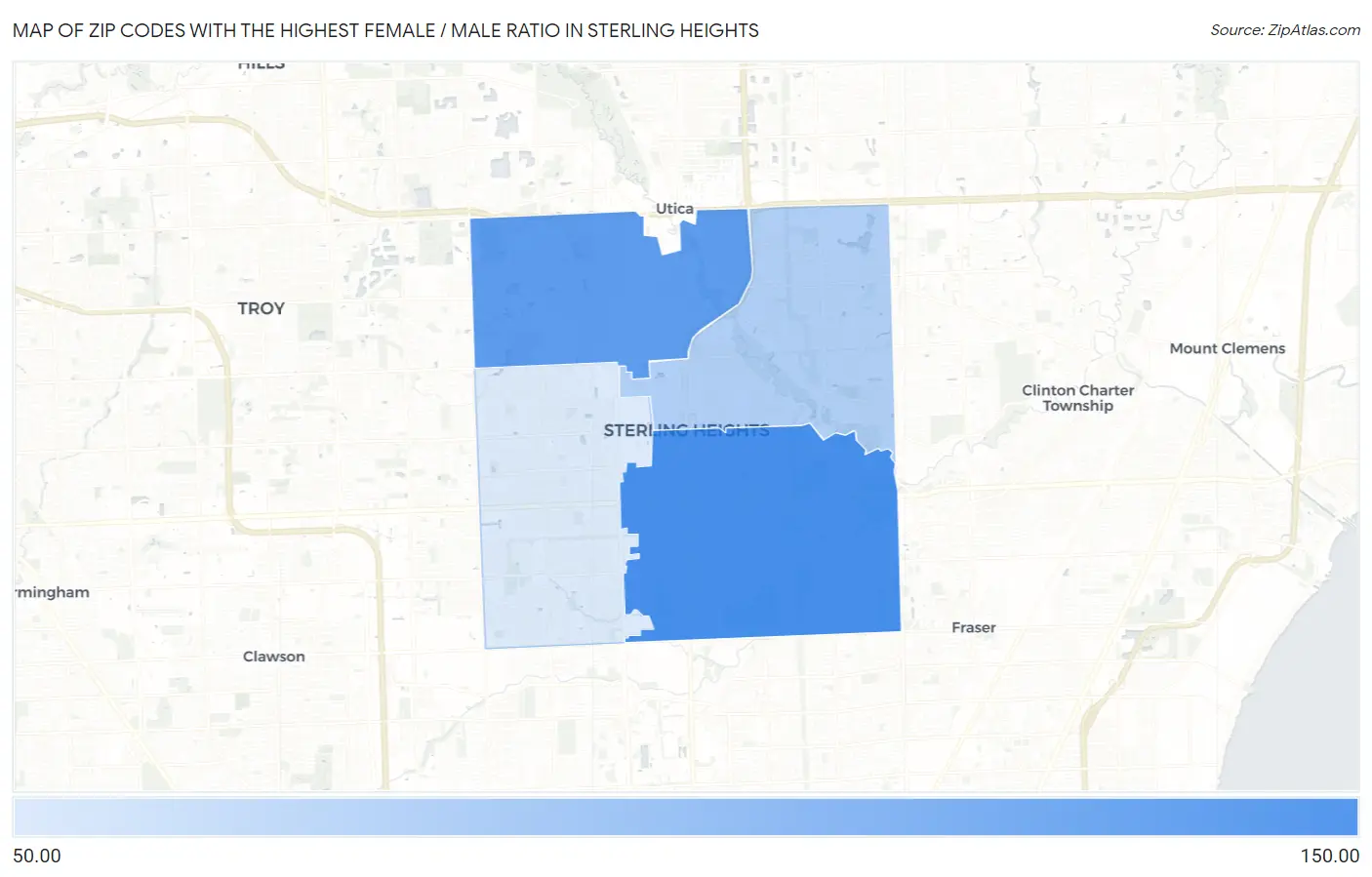 Zip Codes with the Highest Female / Male Ratio in Sterling Heights Map
