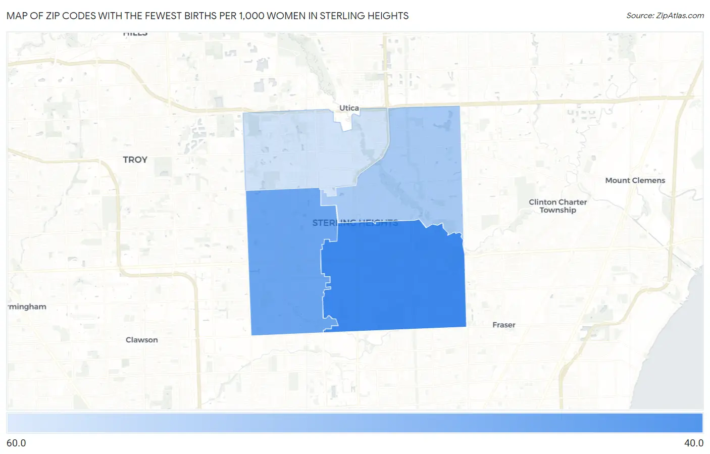 Zip Codes with the Fewest Births per 1,000 Women in Sterling Heights Map