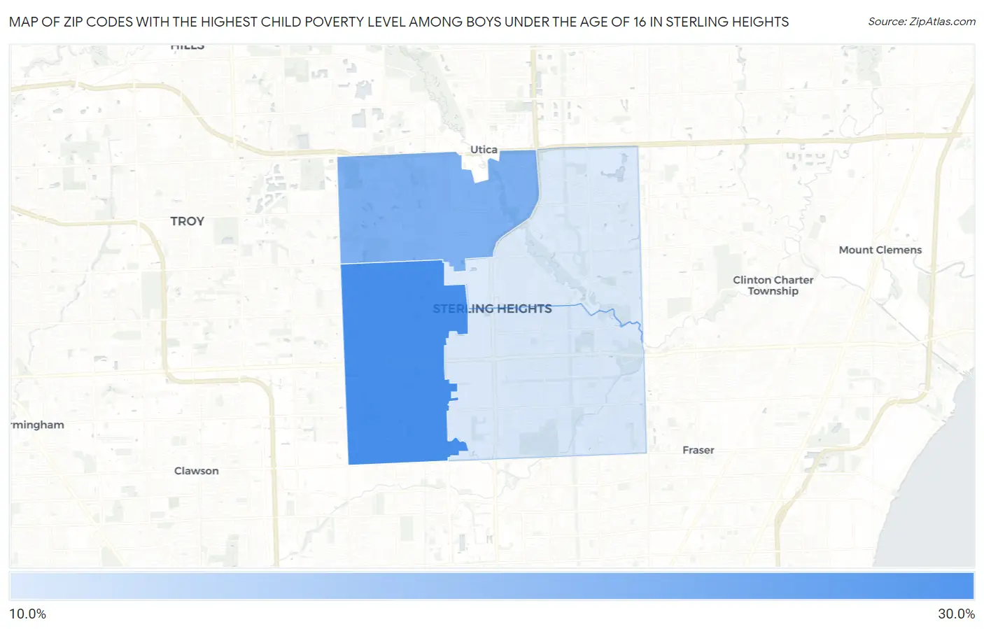 Zip Codes with the Highest Child Poverty Level Among Boys Under the Age of 16 in Sterling Heights Map