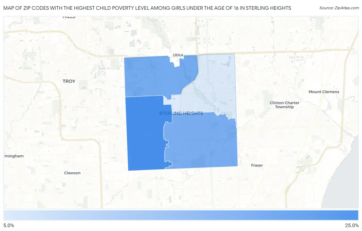 Zip Codes with the Highest Child Poverty Level Among Girls Under the Age of 16 in Sterling Heights Map