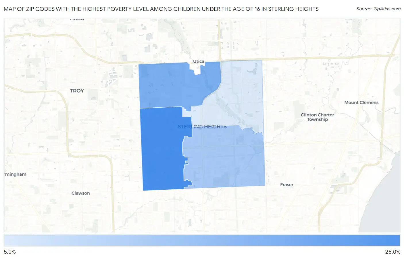 Zip Codes with the Highest Poverty Level Among Children Under the Age of 16 in Sterling Heights Map
